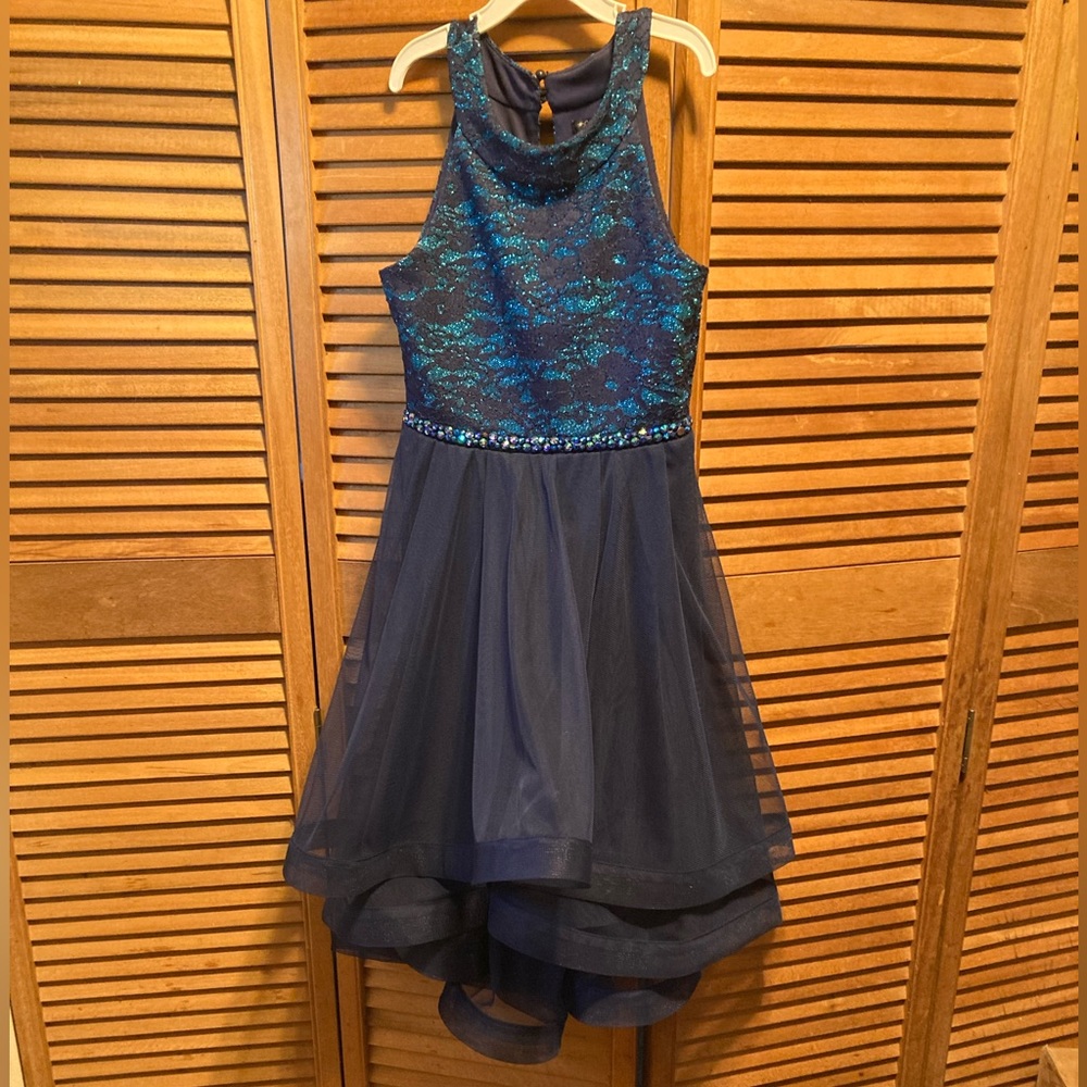 Xtraordinary Navy Blue & Turquoise High Low Girls Formal Dress